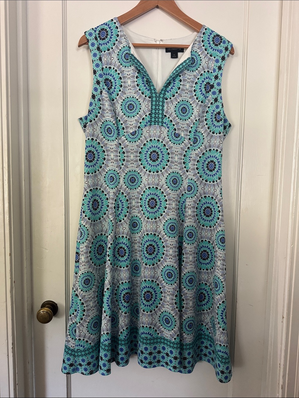 Liz Claiborne Teal and Aqua Sleeveless Medallion Fit-and-Flare Dress